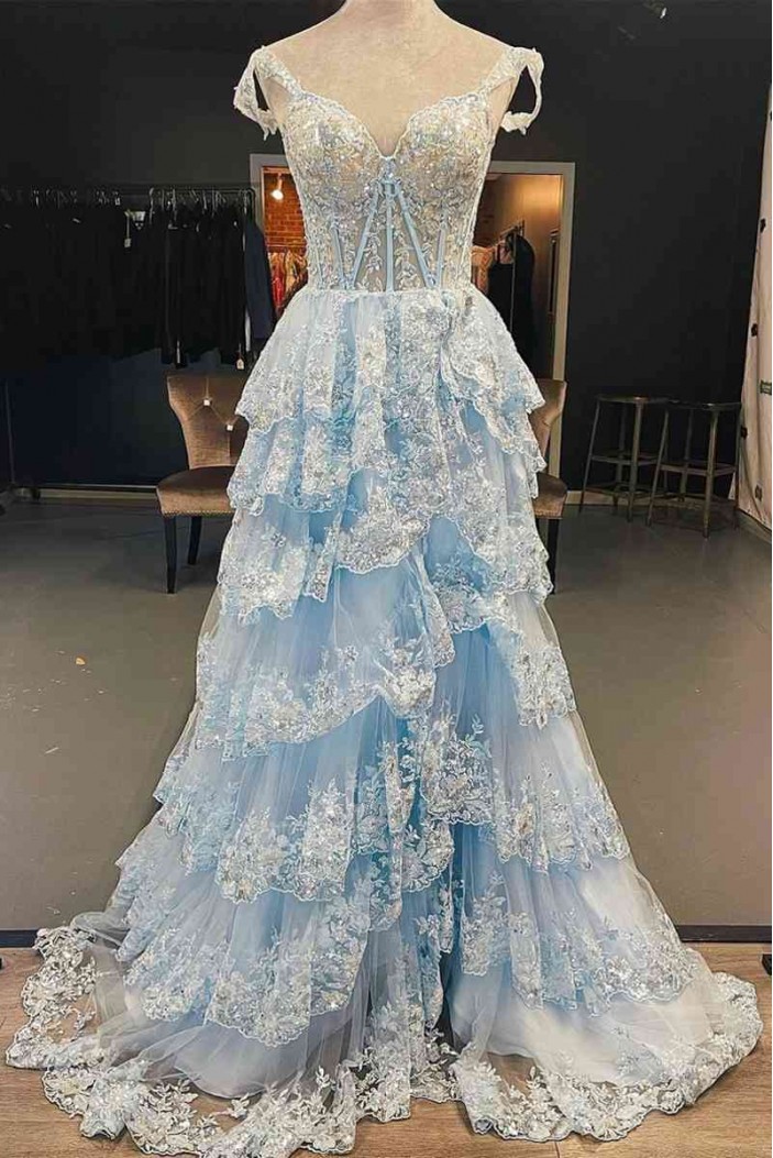 Light Blue Lace Tiered Tulle Long Prom Dresses Formal Evening Dresses with High Slit 901925