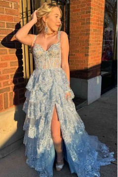 Light Blue Lace Tiered Tulle Long Prom Dresses Formal Evening Dresses with High Slit 901925