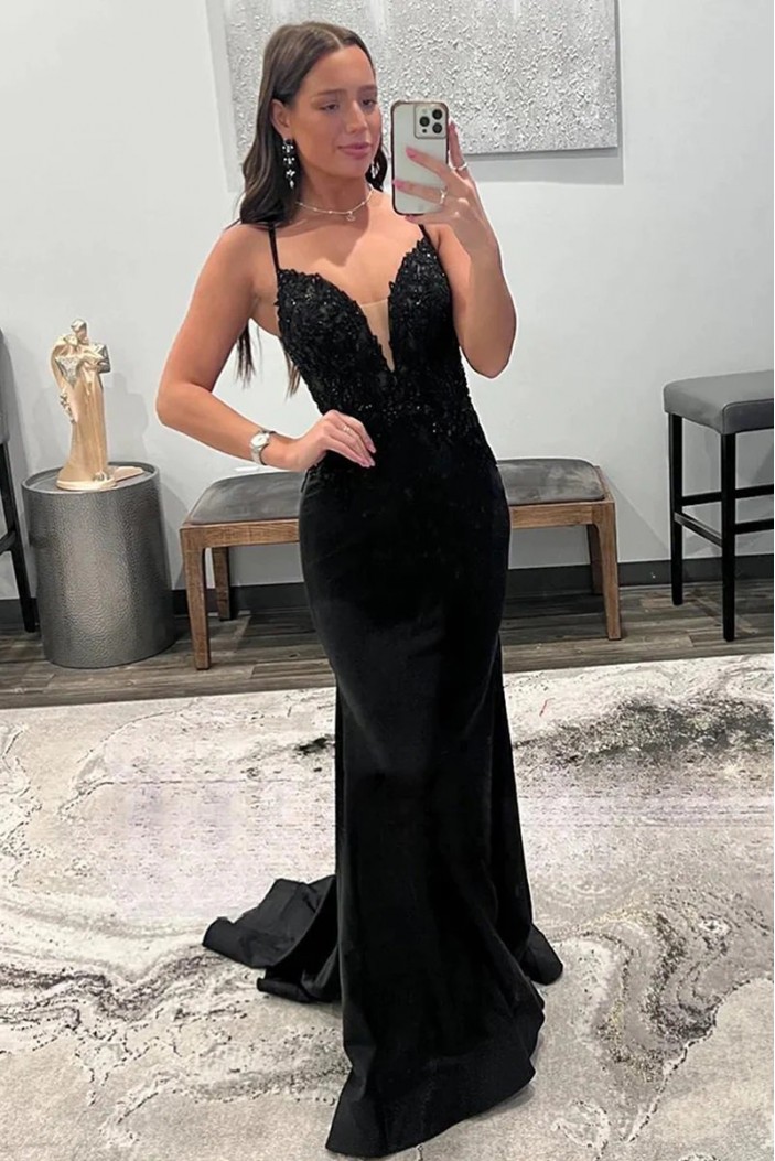 Long Black Mermaid Lace Prom Dresses Formal Evening Dresses 901926