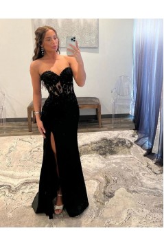 Long Black Mermaid Sweetheart Lace Prom Dresses Formal Evening Dresses with Slit 901929