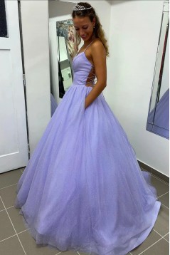 A-Line Sparkle Tulle Lavender Long Prom Dresses Formal Evening Dresses 901931
