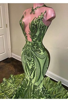 Mermaid Long Green Deep V Neck Lace Prom Dresses Formal Evening Dresses 901934