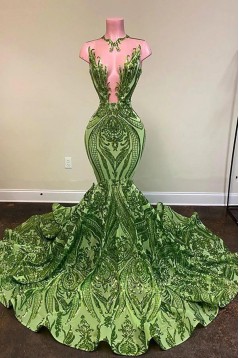 Mermaid Long Green Deep V Neck Lace Prom Dresses Formal Evening Dresses 901934