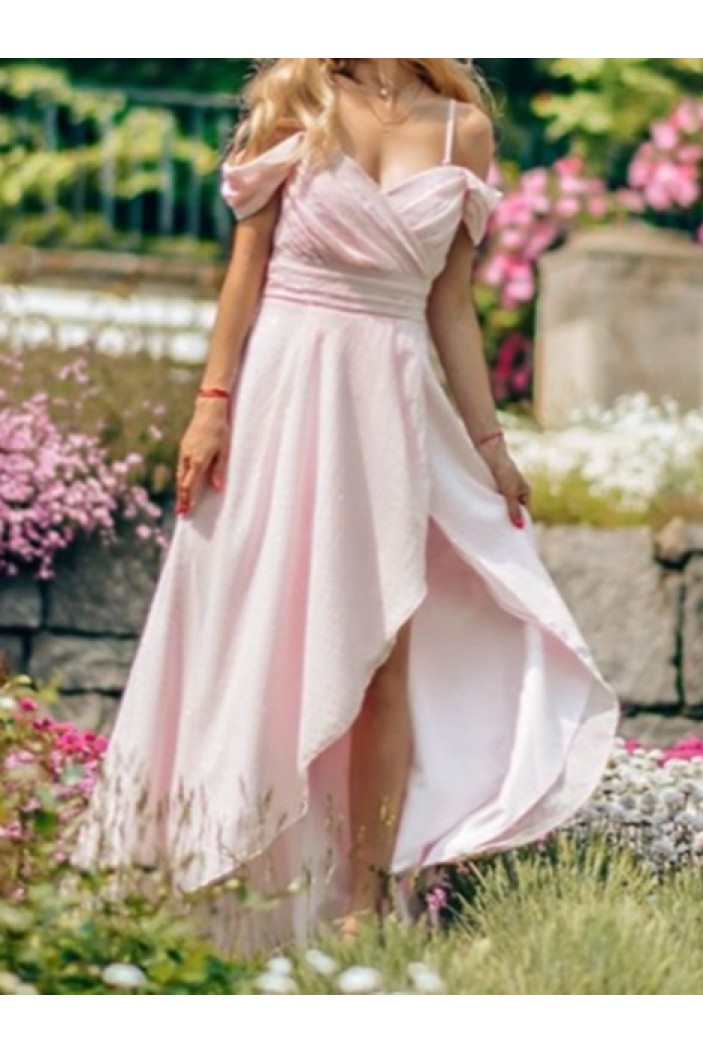 Long Pink Asymmetrical Bridesmaid Dresses 902020