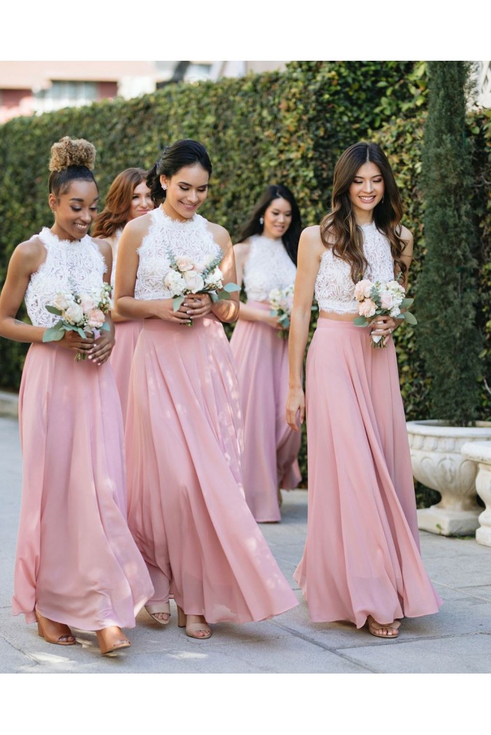 Long Pink White Chiffon and Lace Bridesmaid Dresses 902044