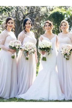 Long White Lace and Chiffon Bridesmaid Dresses with Long Sleeves 902087