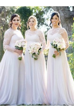 Long White Lace and Chiffon Bridesmaid Dresses with Long Sleeves 902087