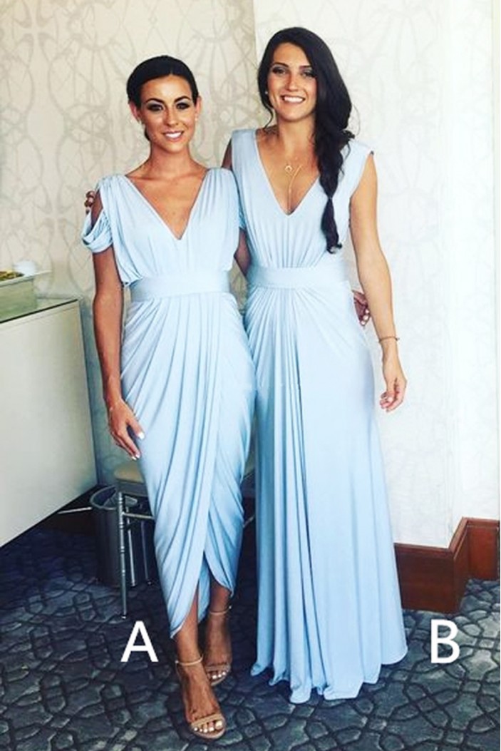 Long Blue Chiffon V Neck Bridesmaid Dresses 902102