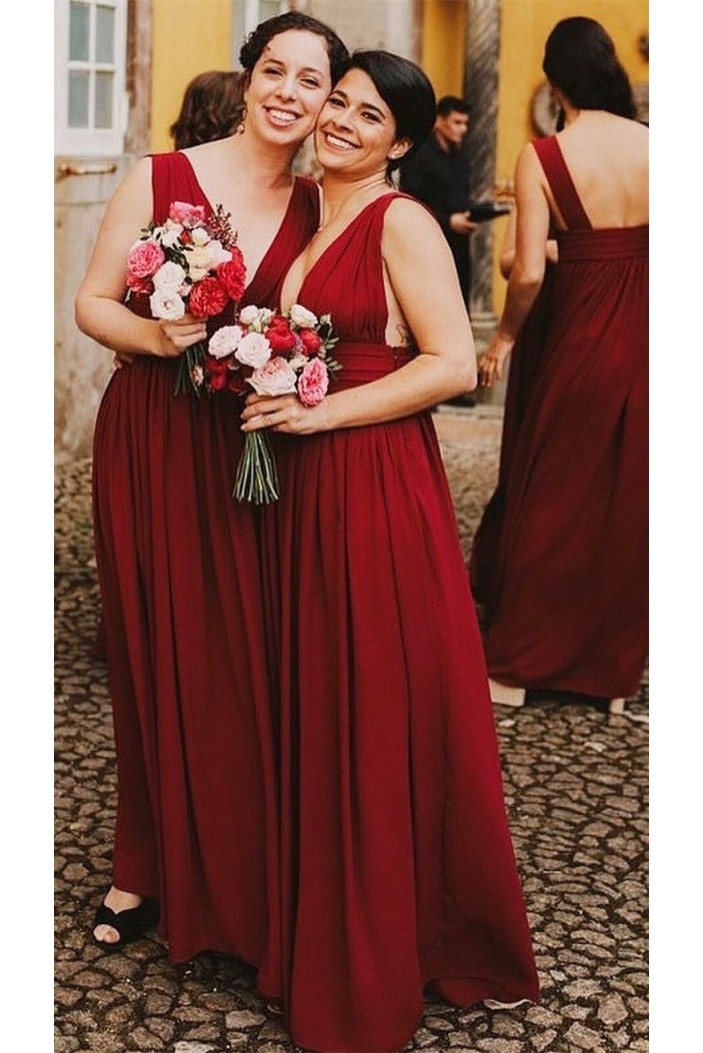 Long Red V Neck Floor Length Bridesmaid Dresses 902115