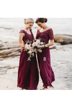 Modest Long Grape Purple Chiffon and Lace Bridesmaid Dresses 902125