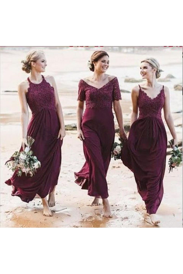 Modest Long Grape Purple Chiffon and Lace Bridesmaid Dresses 902125