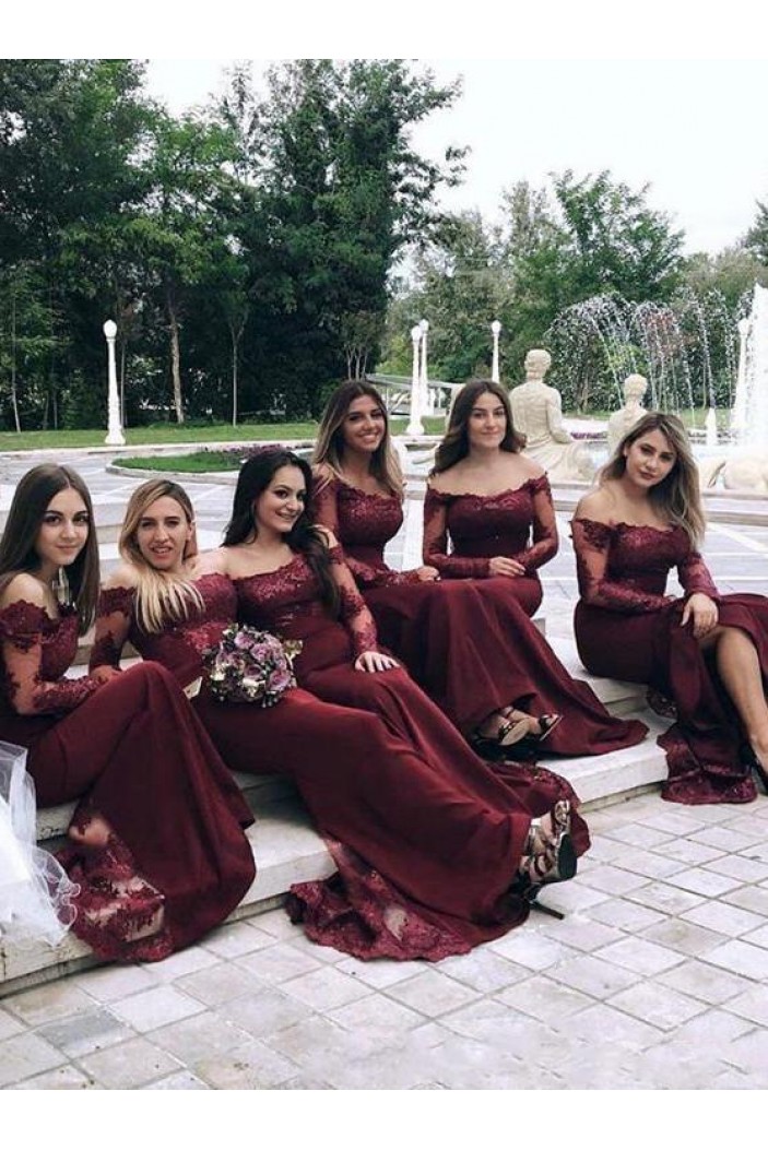 Modest Long Mermaid Lace Floor Length Bridesmaid Dresses with Long Sleeves 902137