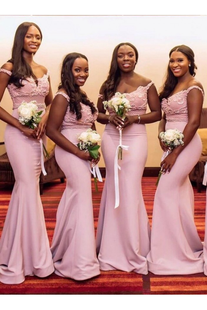 Long Pink Beaded Lace Floor Length Mermaid Bridesmaid Dresses 902172