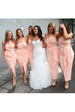 Short Pink Tea Length Strapless Bridesmaid Dresses 902183