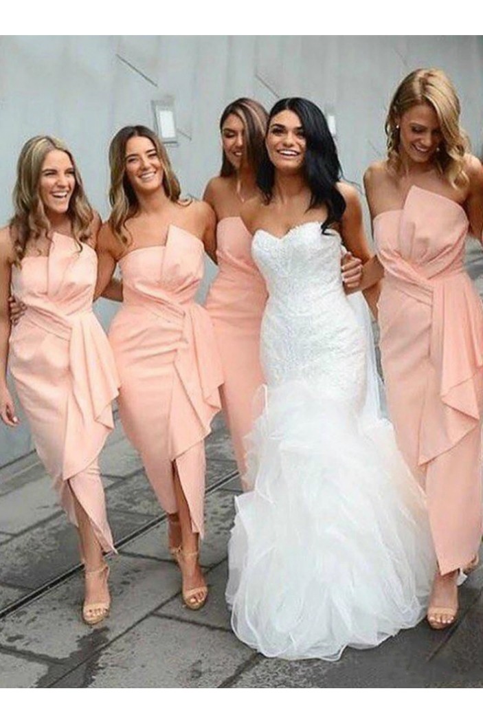 Short Pink Tea Length Strapless Bridesmaid Dresses 902183