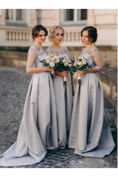 A-Line Lace and Satin Long Bridesmaid Dresses with Sleeves 902197