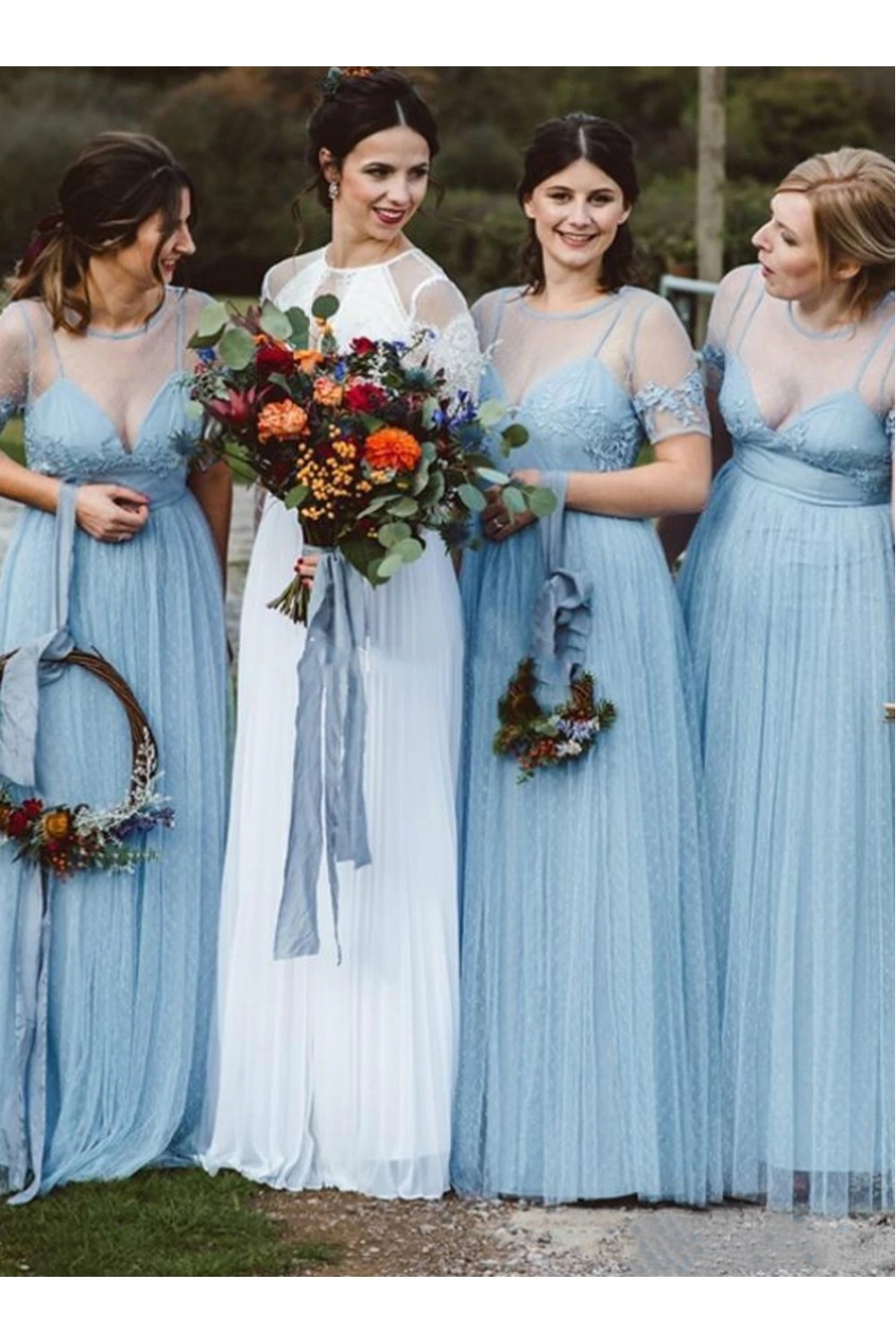 Modest Long Blue Tulle and Lace Bridesmaid Dresses with Sleeves 902202