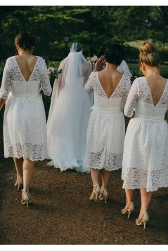 Short White Lace Bridesmaid Dresses with Sleeves 902234