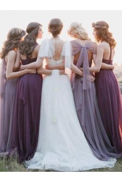 Long Grape Purple Tulle Floor Length Bridesmaid Dresses 902267