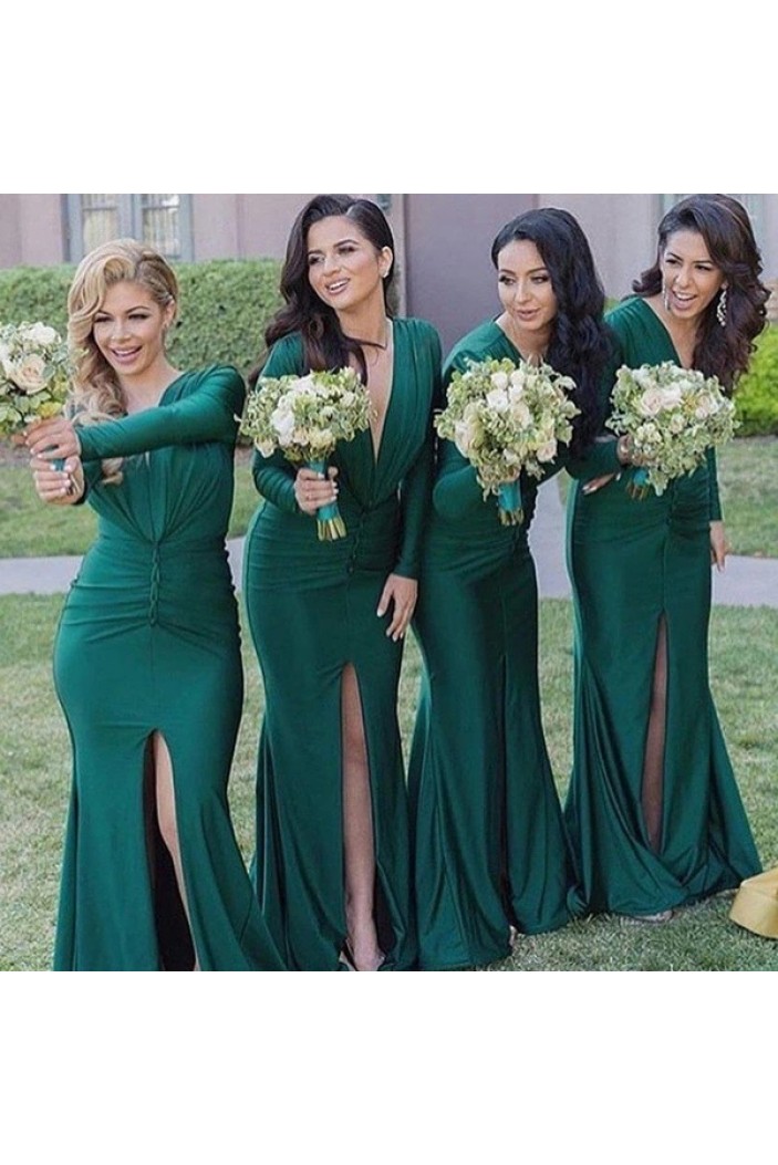 Long Green Floor Length Bridesmaid Dresses with Long Sleeves 902285