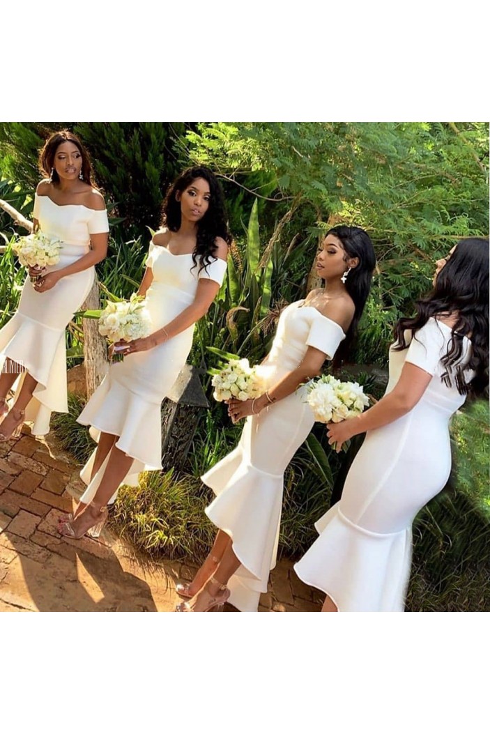 Short White Mermaid Off the Shoulder Bridesmaid Dresses 902344