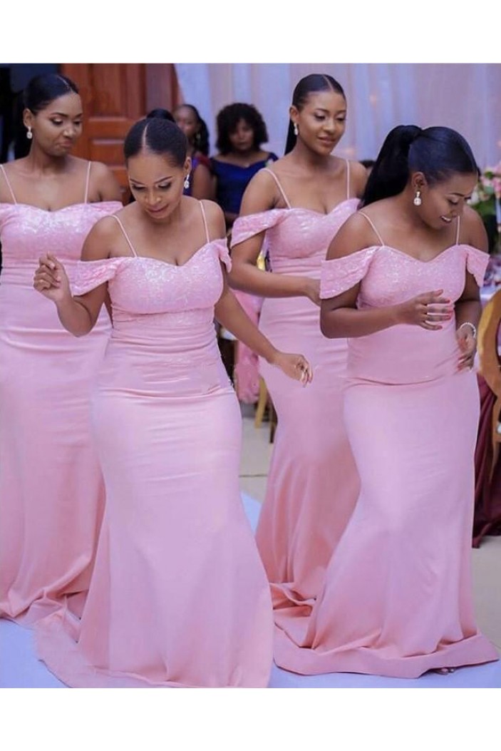 Long Pink Mermaid Spaghetti Straps Lace Bridesmaid Dresses 902349