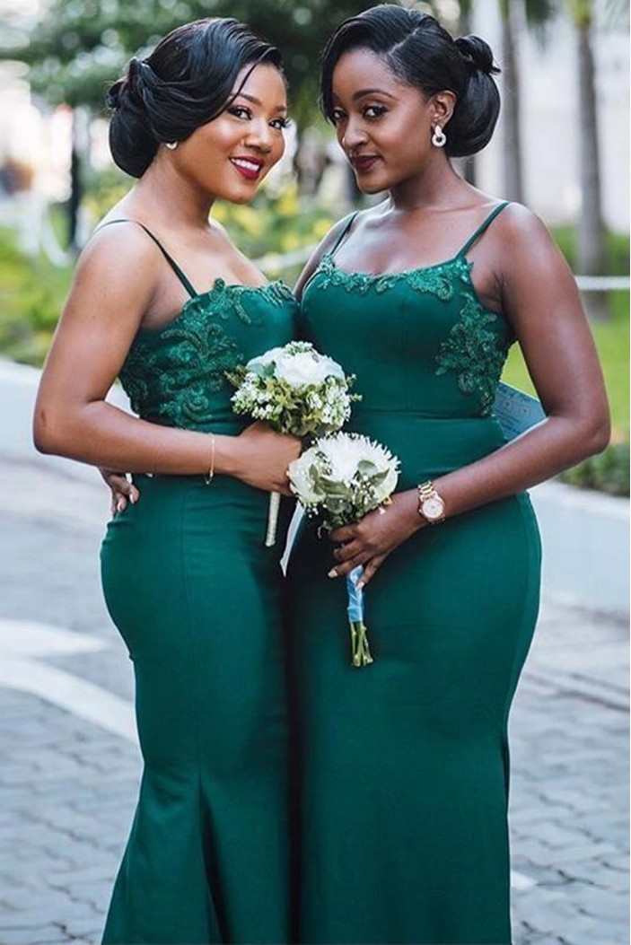 Long Green Mermaid Spaghetti Straps Bridesmaid Dresses 902360