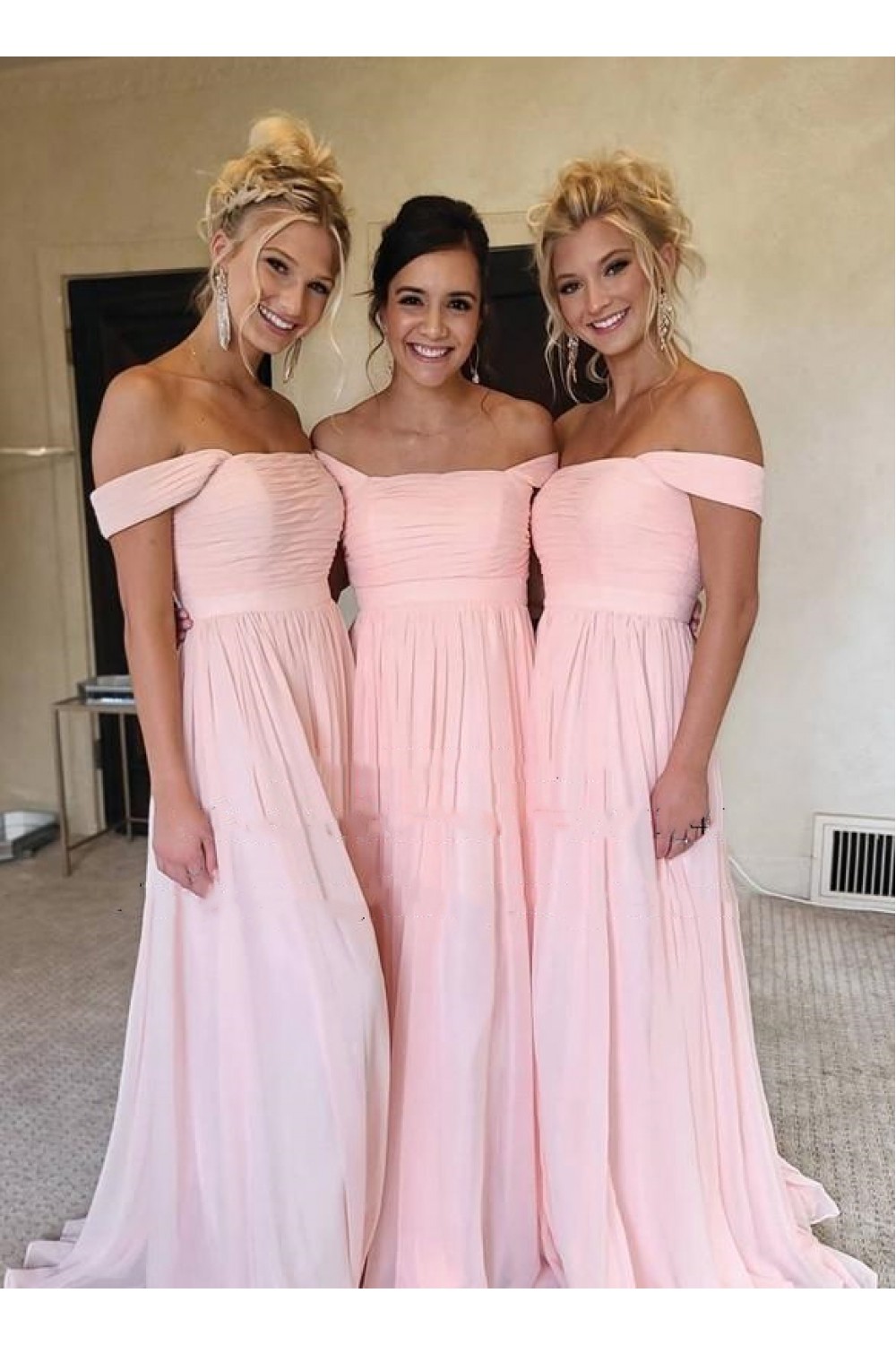 Long Pink Off the Shoulder Chiffon Bridesmaid Dresses 902366