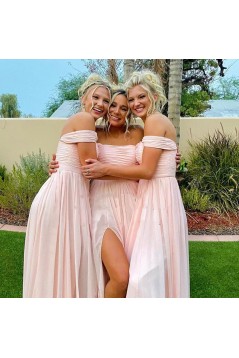 Long Pink Off the Shoulder Chiffon Bridesmaid Dresses 902366