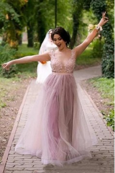 A-Line Lace and Tulle Long Bridesmaid Dresses 902378