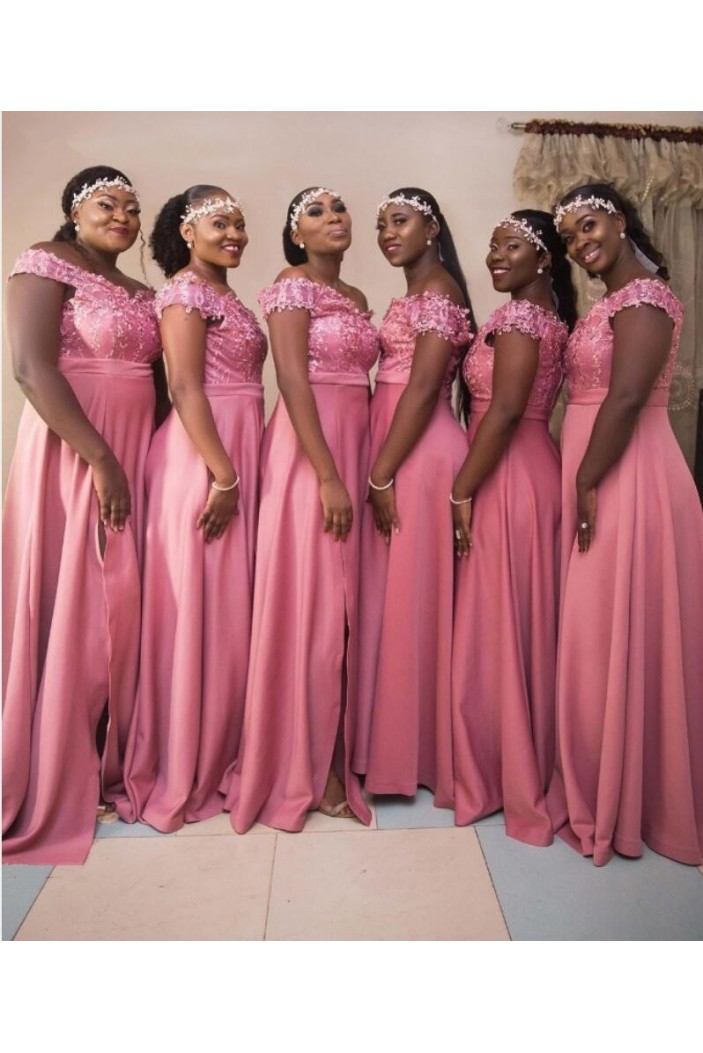 Long Pink Lace Floor Length Bridesmaid Dresses 902388