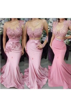 Long Pink Lace Mermaid Bridesmaid Dresses 902410