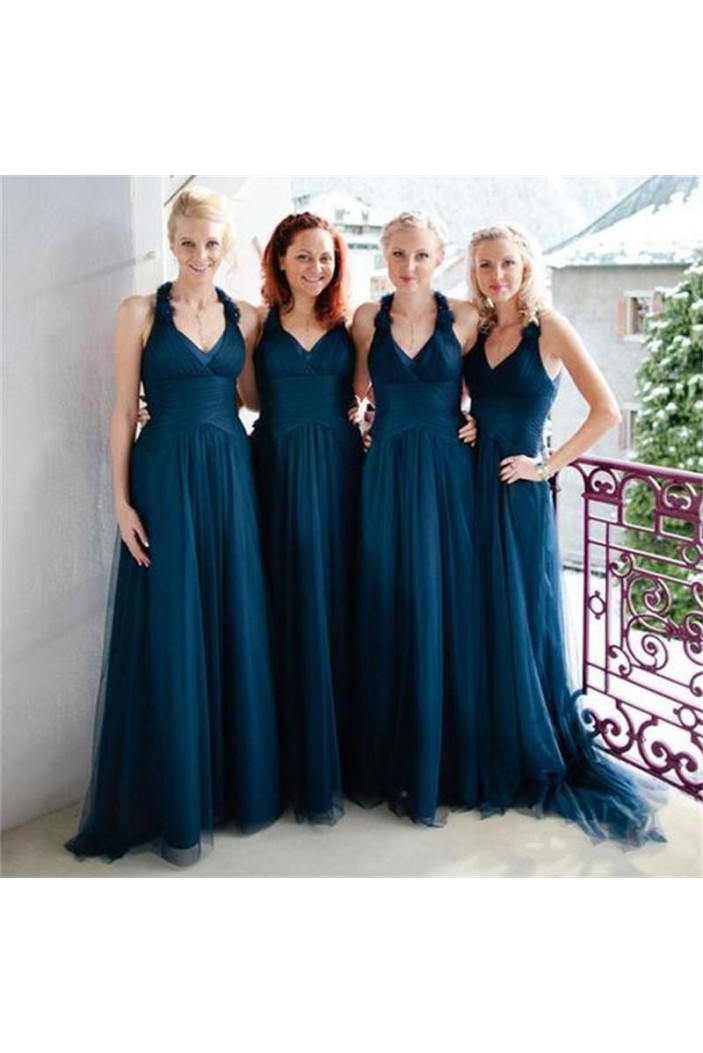 Long Navy Blue V Neck Tulle Bridesmaid Dresses 902418