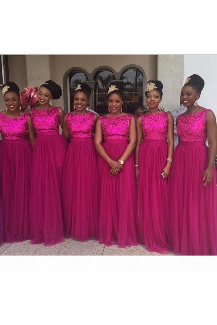 Long Fuchsia Tulle and Sequin Bridesmaid Dresses 902431