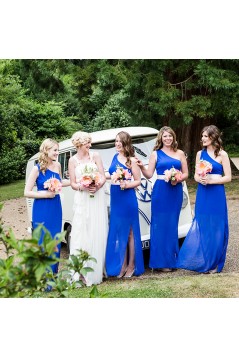 Long Royal Blue One Shoulder Chiffon Bridesmaid Dresses 902441