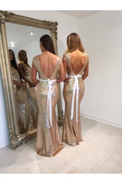 Long Mermaid Gold Sequin Bridesmaid Dresses 902458
