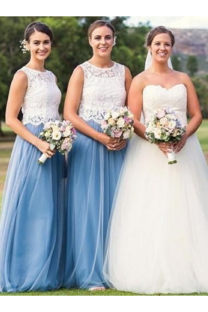 Long Blue Tulle White Lace Bridesmaid Dresses 902469