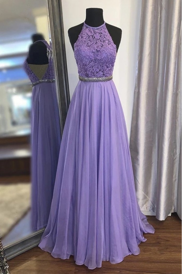 Long Purple Chiffon and Lace Bridesmaid Dresses 902479