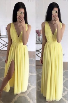 Long Yellow Chiffon V Neck Floor Length Bridesmaid Dresses 902480