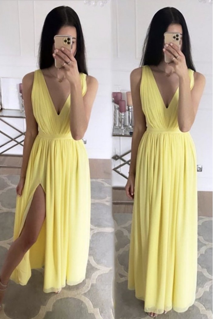 Long Yellow Chiffon V Neck Floor Length Bridesmaid Dresses 902480