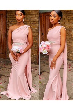 Mermaid One Shoulder Long Pink Bridesmaid Dresses 902501