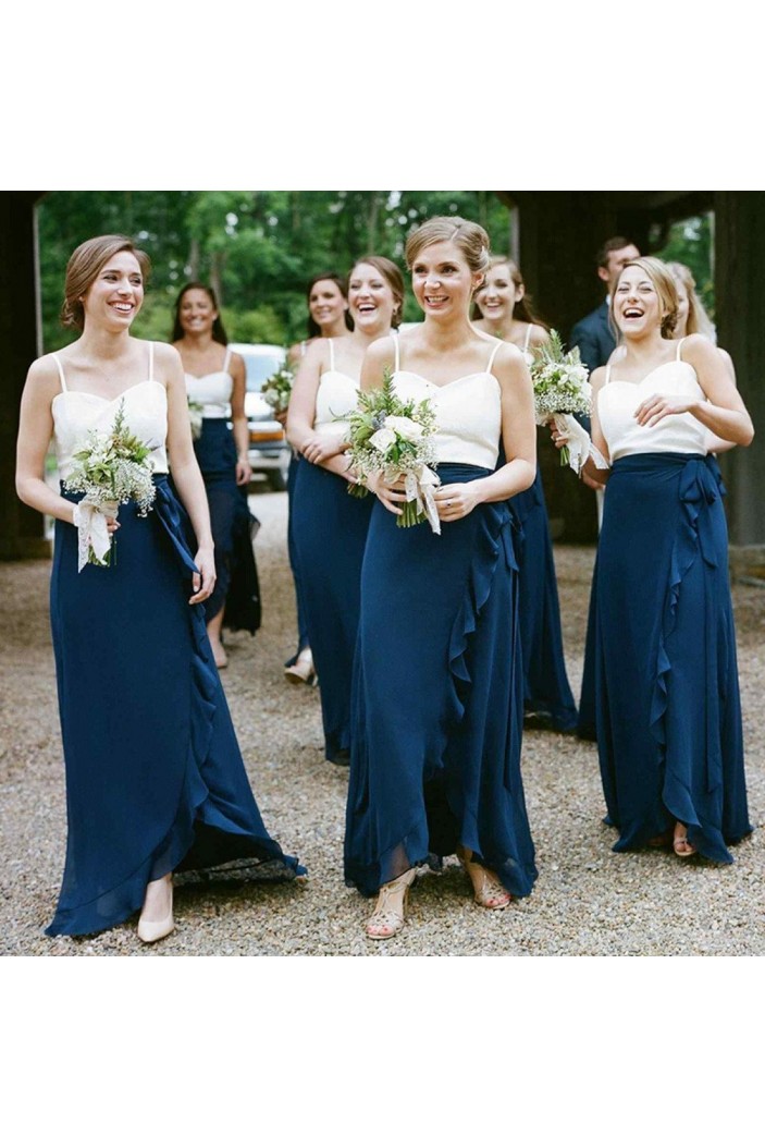 Long Blue and White Spaghetti Straps Bridesmaid Dresses 902506