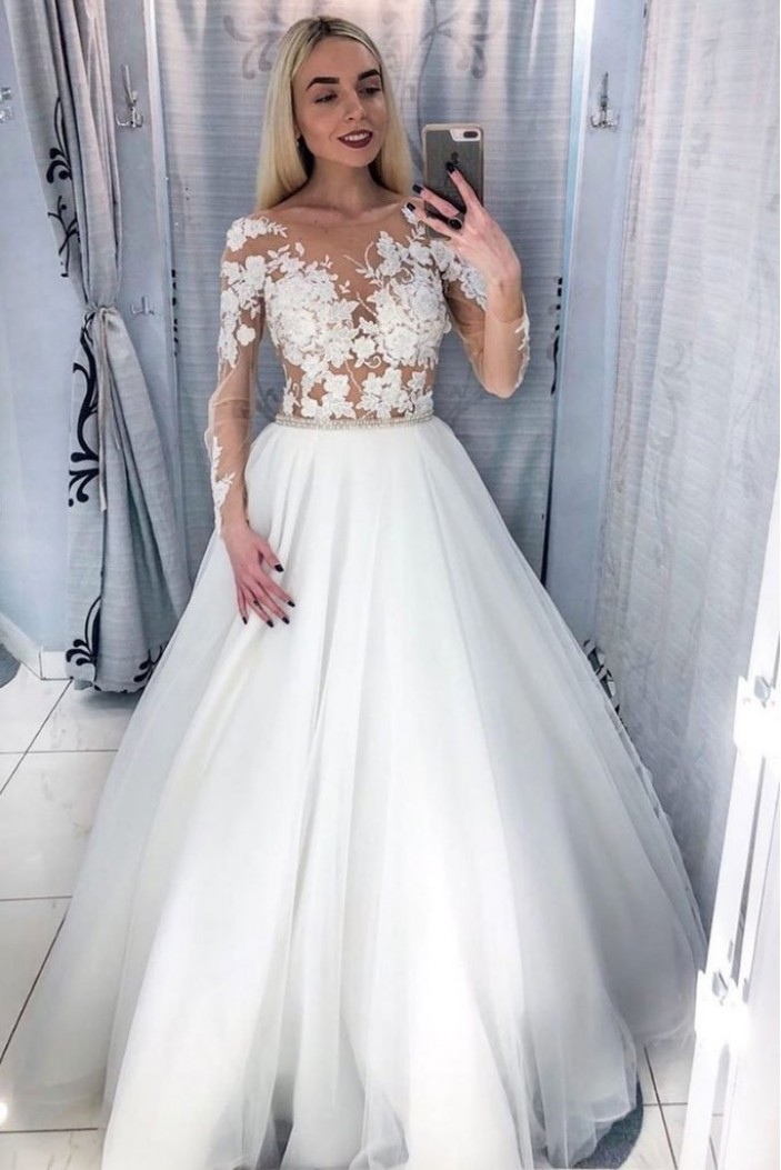 A-Line Lace and Tulle Wedding Dresses Bridal Gowns with Long Sleeves 903055