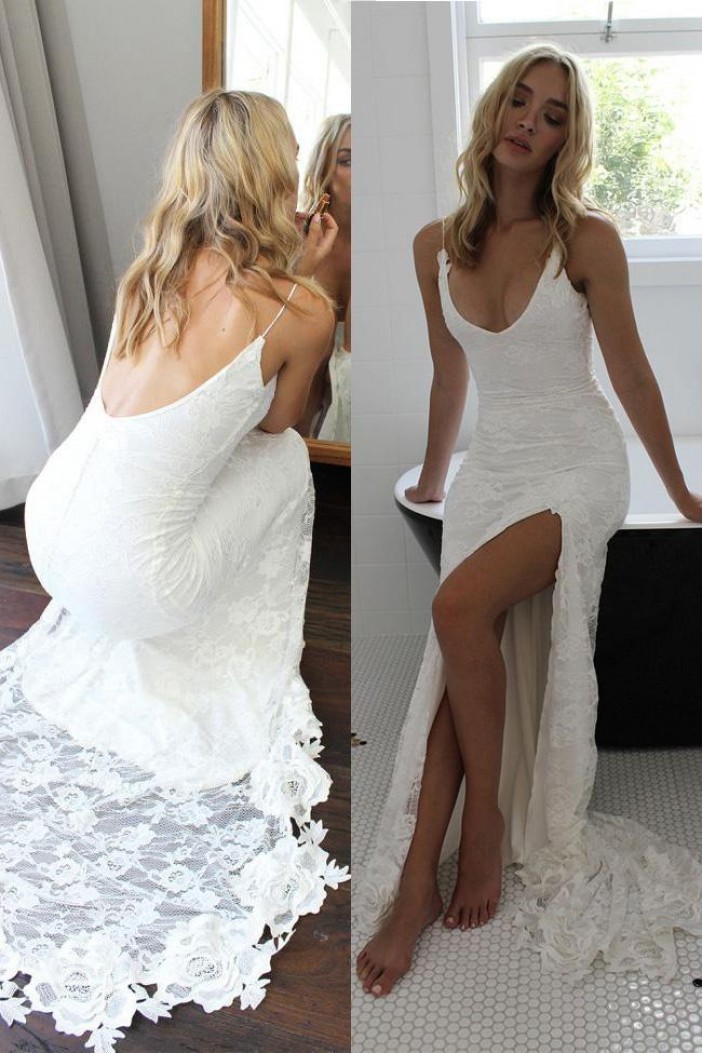 Spaghetti Straps V Neck Lace Wedding Dresses Bridal Gowns 903056