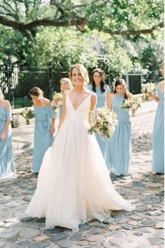 A-Line Long White V Neck Wedding Dresses Bridal Gowns 903108