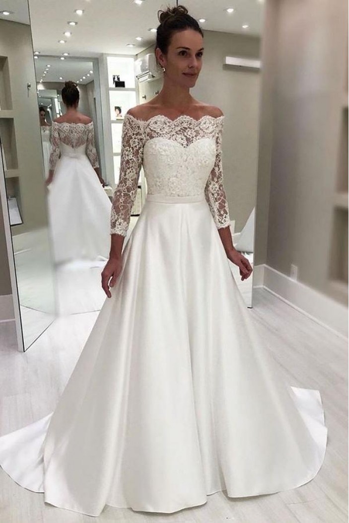 A-Line Lace Off the Shoulder Wedding Dresses Bridal Gowns with Long Sleeves 903114