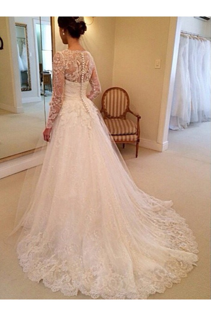 A-Line Long Sleeves Lace Wedding Dresses Bridal Gowns 903146