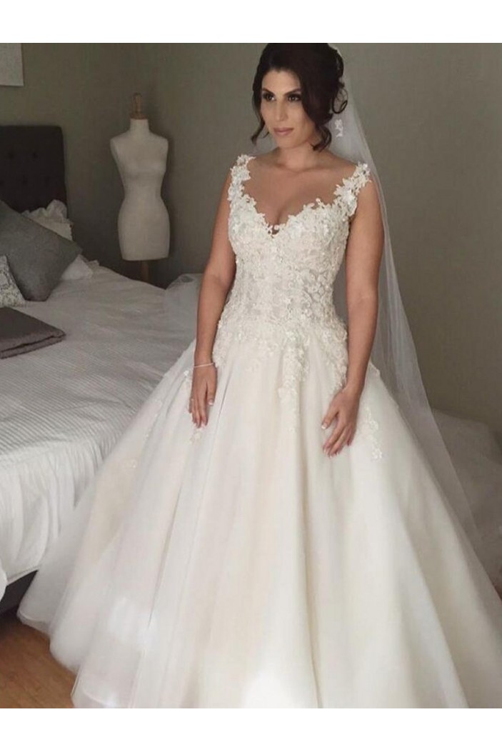 A-Line Lace V Neck Wedding Dresses Bridal Gowns 903153