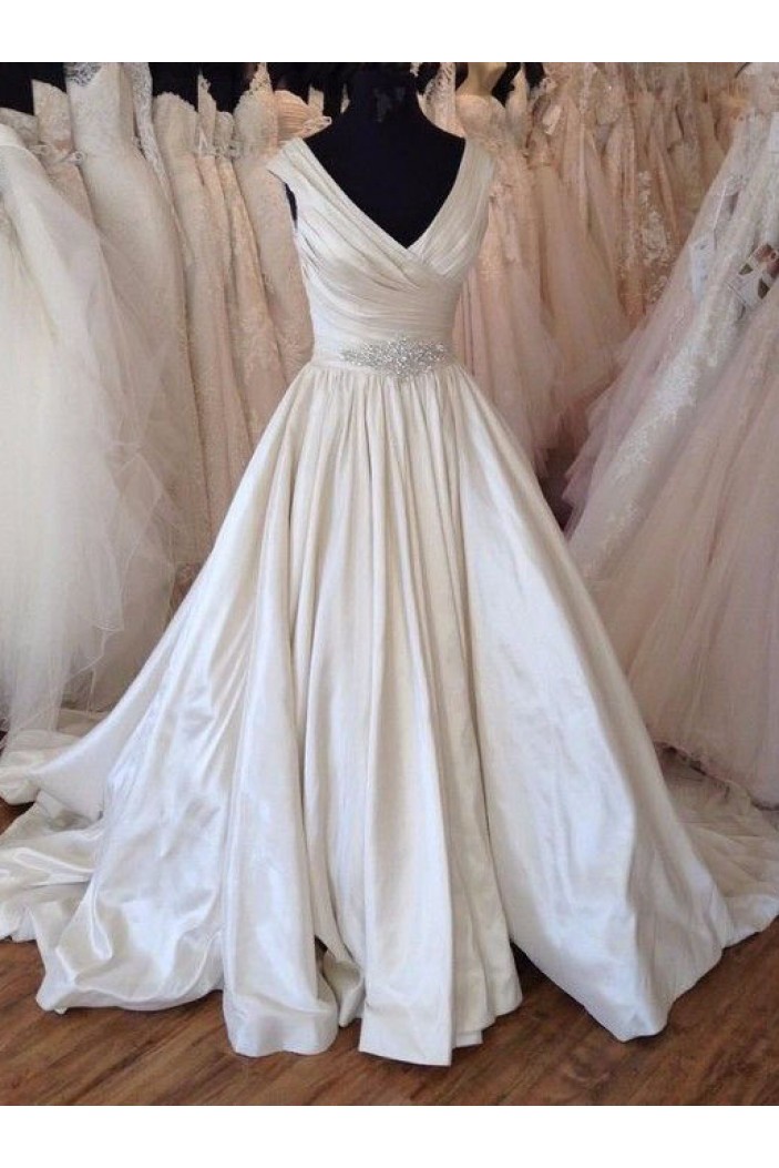 A-Line Long Satin V Neck Wedding Dresses Bridal Gowns 903162