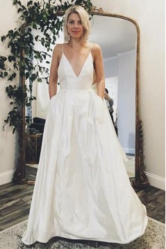 A-Line V Neck Long Satin Wedding Dresses Bridal Gowns 903178